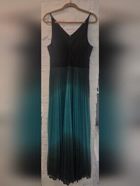 Betsy & Adam Pleated Glitter Black to Teal Ombre Gown